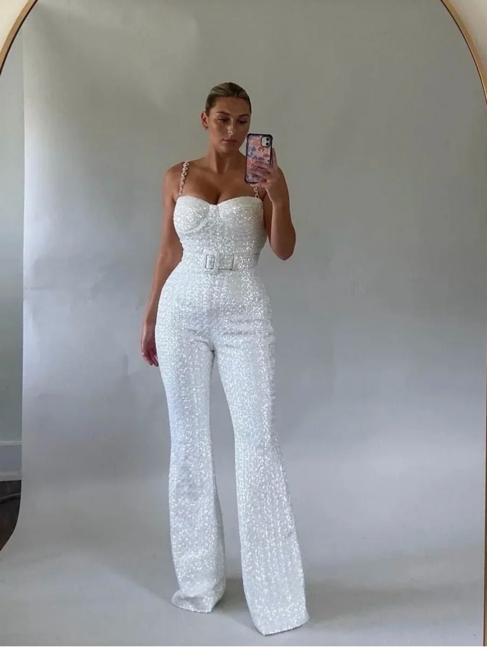 White Sequin Strap Jumpsuit with Buckle Belt